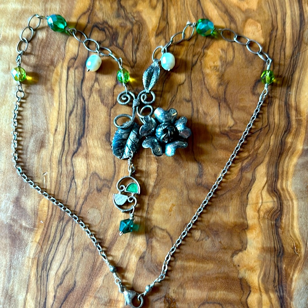 Vintage Sterling Floral Necklace W Pearls and Czech crystals.